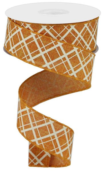 Thick and Thin, Diagonal Check, Talisman Orange, Ivory, Wired Ribbon, 1.5" X 10YD, RGA15055T