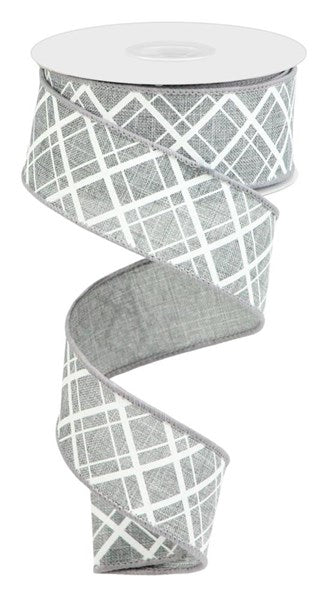 Thick and Thin, Diagonal Check, Grey, White, Wired Ribbon, 1.5" X 10YD, RGA1505NJ