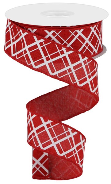 Thick and Thin, Diagonal Check, Red, White, Wired Ribbon, 1.5" X 10YD, RGA150824