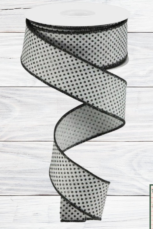 Swiss Dots, Black and Light Grey, Wired Ribbon, 1.5" x 10 Yards, RGA1731N6
