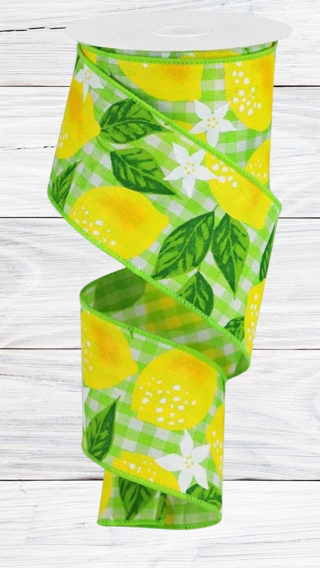 Lemons On Green & White Check, Woven, Wired Ribbon, 2.5" x 10 Yards, RGA1853RY