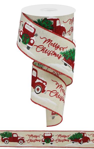 Christmas Red Truck, Christmas Tree, Merry Christmas, Cream, Red, Green, Wired Ribbon, 2.5" X 10YD, RGA190538