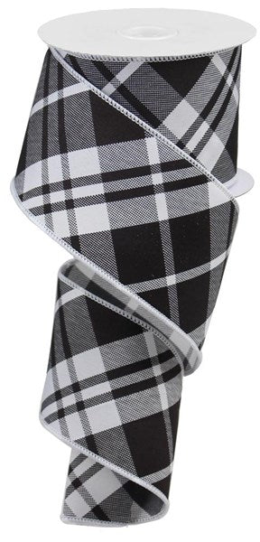 Black And White, Printed, Diagonal Plaid, Wired Ribbon, 2.5" X 10 YD, RGB105127
