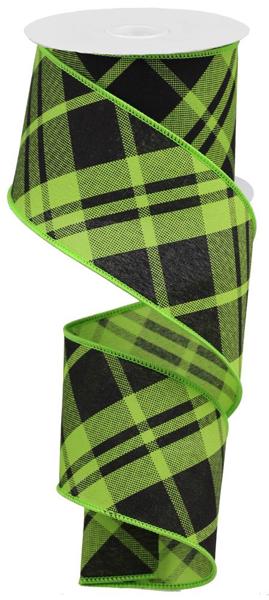 Lime Green And Black, Printed, Diagonal Plaid, Wired Ribbon, 2.5" X 10 YD, RGB105133