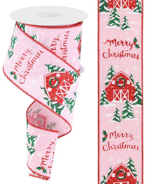 Merry Christmas, Barn, On Royal, Pale Pink, Red, White, Green, Glitter, Wired Ribbon, 2.5" X 10YD, RGB107615