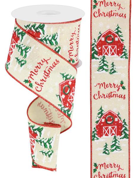 Merry Christmas, Barn, On Royal, Cream, Red, White, Green, Glitter, Wired Ribbon, 2.5" X 10YD, RGB1076C2