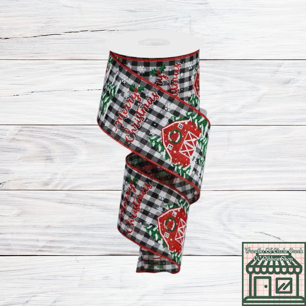 Merry Christmas Barn, On Check, Wired Ribbon, 2.5" X 10YD, RGB1078X6