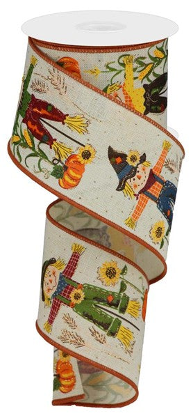 Scarecrows, Glitter, Pumpkins, Sunflowers, Cream, Orange Edge Stitching, Wired Ribbon, 2.5" X 10 Yards, RGB1278C2