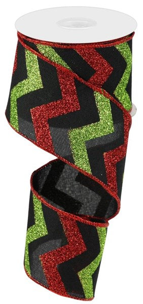 Glitter, Black, Red, Lime, Chevron, Wired Ribbon, 2.5" X 10 YD, RGC123602