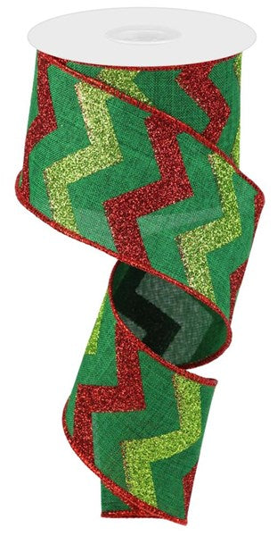 Glitter, Emerald, Red, Lime, Chevron, On Royal, Wired Ribbon, 2.5" X 10 YD, RGC123606