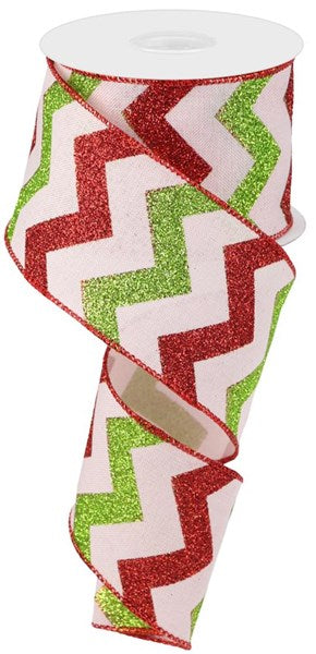 Glitter, Powder Pink, Red, Lime, Chevron, On Royal, Wired Ribbon, 2.5" X 10 YD, RGC123622