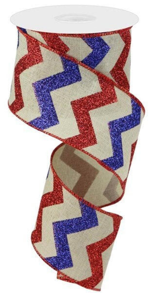 Glitter, Light Natural, Red, Blue, Chevron On Royal, Wired Ribbon, 2.5" X 10 YD, RGC1236NF