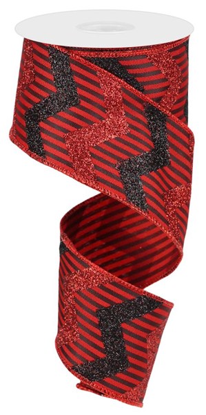 Glitter, Red, Black, Chevron, Vertical Stripe, Wired Ribbon, 2.5" X 10 YD,  RGC1238MA