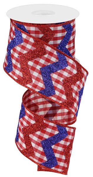 Glitter, Red, White, Blue, Chevron Gingham, Wired Ribbon, 2.5" X 10 YD, RGC124024