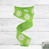 Daisy On Royal, Lime Green, White, Yellow, Wired Ribbon, 1.5" X 10 YD, RGC130833