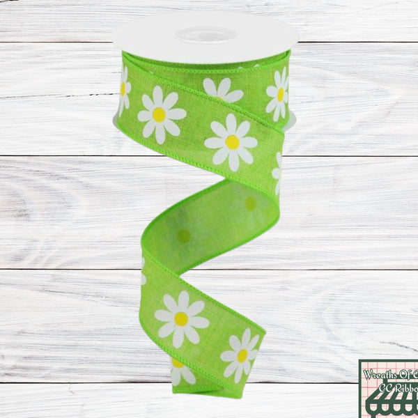 Daisy On Royal, Lime Green, White, Yellow, Wired Ribbon, 1.5" X 10 YD, RGC130833