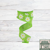 Daisy On Royal, Lime Green, White, Yellow, Wired Ribbon, 1.5" X 10 YD, RGC130833