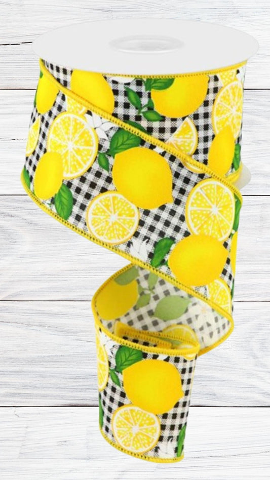 Lemons On Black & White Check, Lemon Slices, Wired Ribbon, 2.5" x 10 Yards, RGC1663E6