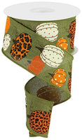Leopard Pumpkins, Polka Dot Pumpkins, Denim, Moss Green, Wired Ribbon, 2.5" X 10 Yards, RGC1713EW