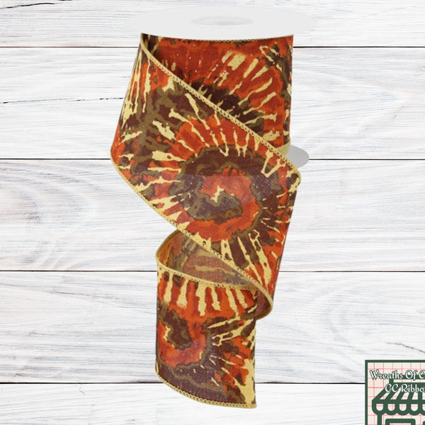 Tie Dye Wired Ribbon, Fall, Mustard, Rust, Dark Orange, Brown, 2.5" X 10 YD, RGE1235F2