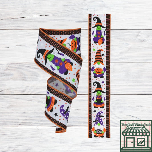 Halloween Gnomes, White, Orange, Black, Purple, Lime, Wired Ribbon, 2.5" X 10 YD, RGE152827