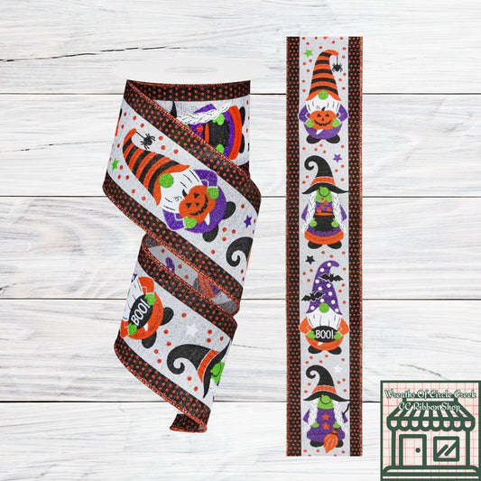Halloween Gnomes, Silver, Orange, Black, Purple, Lime, Wired Ribbon, 2.5" X 10 YD, RGE152926