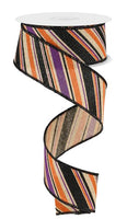 Diagonal Stripe, Beige, Purple, Orange, Black, Glitter, Wired Ribbon, 1.5" x 10 Yards, RGE182401
