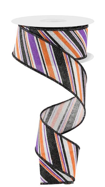 Diagonal Stripe, Grey, Purple, Orange, Black, Glitter, Wired Ribbon, 1.5" x 10 Yards, RGE182410