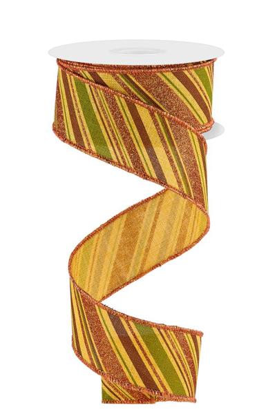 Diagonal Stripe, Mustard, Moss, Brown, Orange, Glitter, Wired Ribbon, 1.5" x 10 Yards, RGE182457