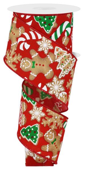 Gingerbread Sugar Cookies, Red, Brown, Emerald Green, White, Wired Ribbon, 2.5" X 10YD, RGE188524
