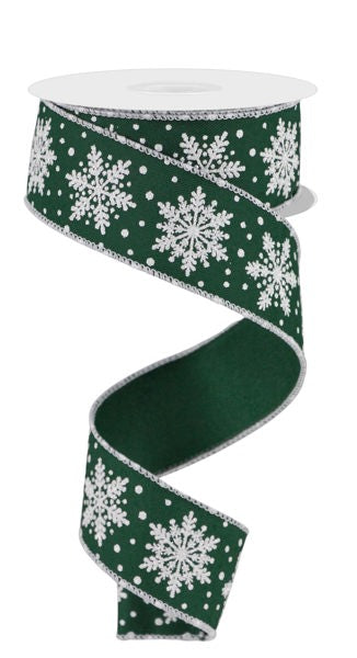 Glitter Snowflakes, Hunter Green, White, 1.5" X 10YD, Wired Ribbon, RGE197412