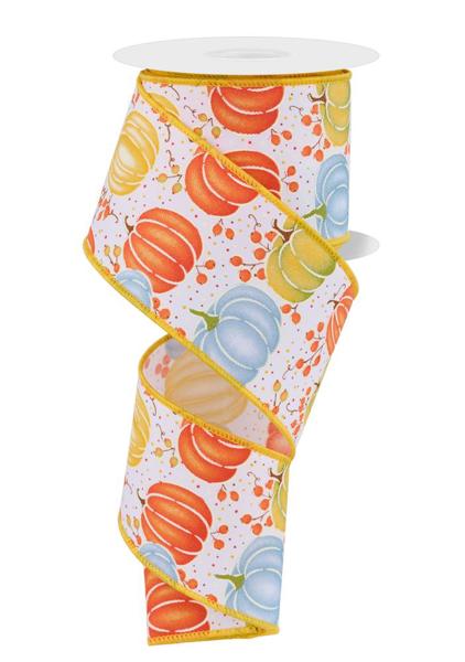 Fall Pumpkins and Berries, Multi Color, White, Wired Ribbon, 2.5" X 10 Yards, RGE1983TX