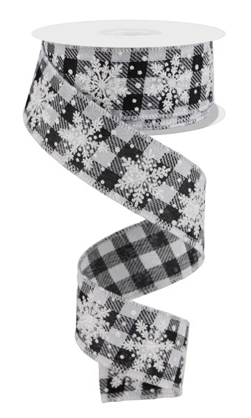 Glitter Snowflakes, Buffalo Plaid, Black, White, Wired Ribbon, 1.5" X 10YD, RGF1064X6