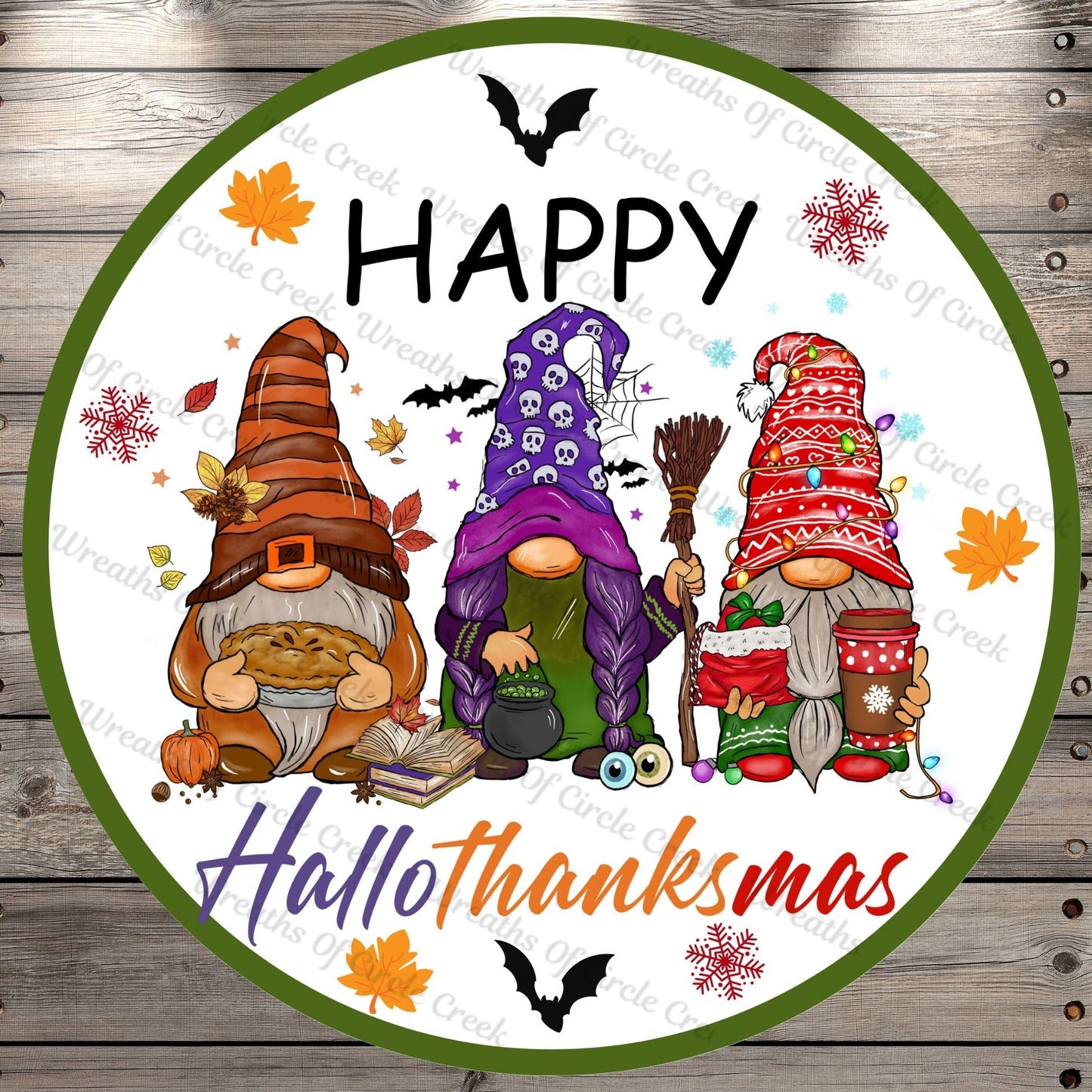 Happy, HalloThanksMas Gnomes, Multi-Color, Christmas, Round, Light Weight, Metal Wreath Sign, No Holes