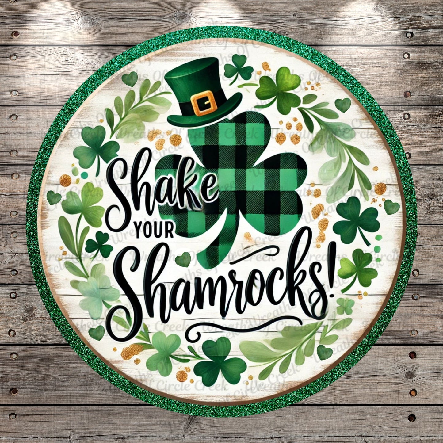 Shake Your Shamrocks, Buffalo Plaid Clover, Fun, Whimsical, Clovers, Lightweight, Round, Metal Wreath Sign, No Holes
