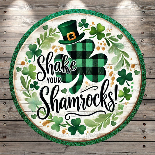 Shake Your Shamrocks, Buffalo Plaid Clover, Fun, Whimsical, Clovers, Lightweight, Round, Metal Wreath Sign, No Holes