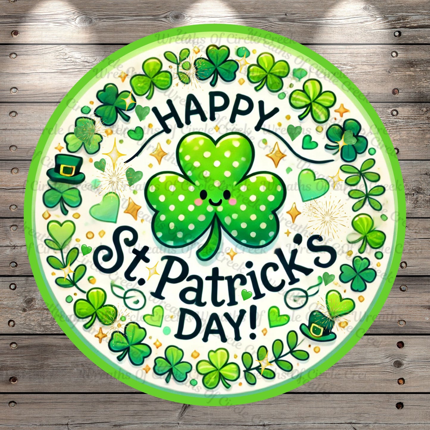 Polka Dot Clover, Happy St. Patrick's Day, Cute and Fun, Whimsical, Clovers, Lightweight, Round, Metal Wreath Sign, No Holes