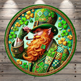 St Patrick's Day, Leprechaun, Top Hat, Patchwork, Shamrocks, Faux 3D, Round, Lightweight, Metal Wreath Sign, No Holes