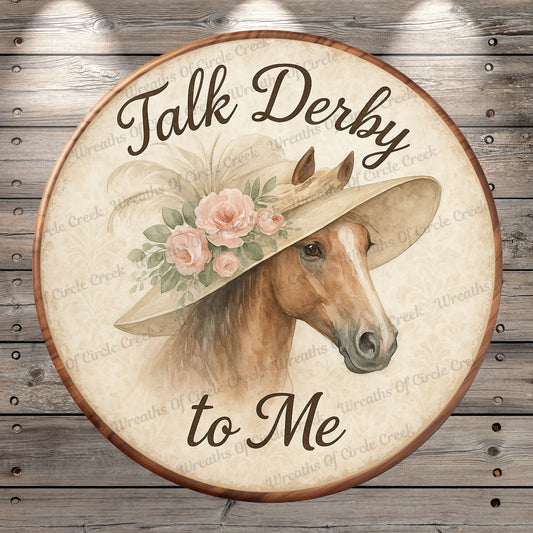 Talk Derby To Me | Lightweight Round Metal Wreath Sign | Kentucky Derby Horse | Fancy Hat Roses | No Holes In Sign