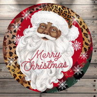 Leopard Santa, African American, Merry Christmas, Classic, Rustic, Plaid, Round Metal Wreath Sign, No Holes