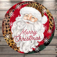 Leopard Santa, Merry Christmas, Classic, Rustic, Plaid, Round Metal Wreath Sign, No Holes