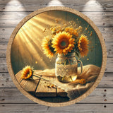 Hello Sunshine Lightweight Round Metal Wreath Sign | Rustic Sunflower Mason Jar, Door Hanger, No Holes In Sign