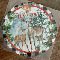BLEMISHED Sign, Winter, Deer, Welcome, White Poinsettias, Foliage, Holly Berries, Black And White, Plaid Border, 11.75" UV Metal Round Sign, No Holes