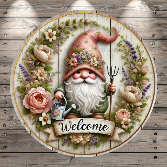 Welcome, Garden Gnome, Watering Can, Spring Florals, Round, Lightweight, Metal Wreath Sign, No Holes In Sign