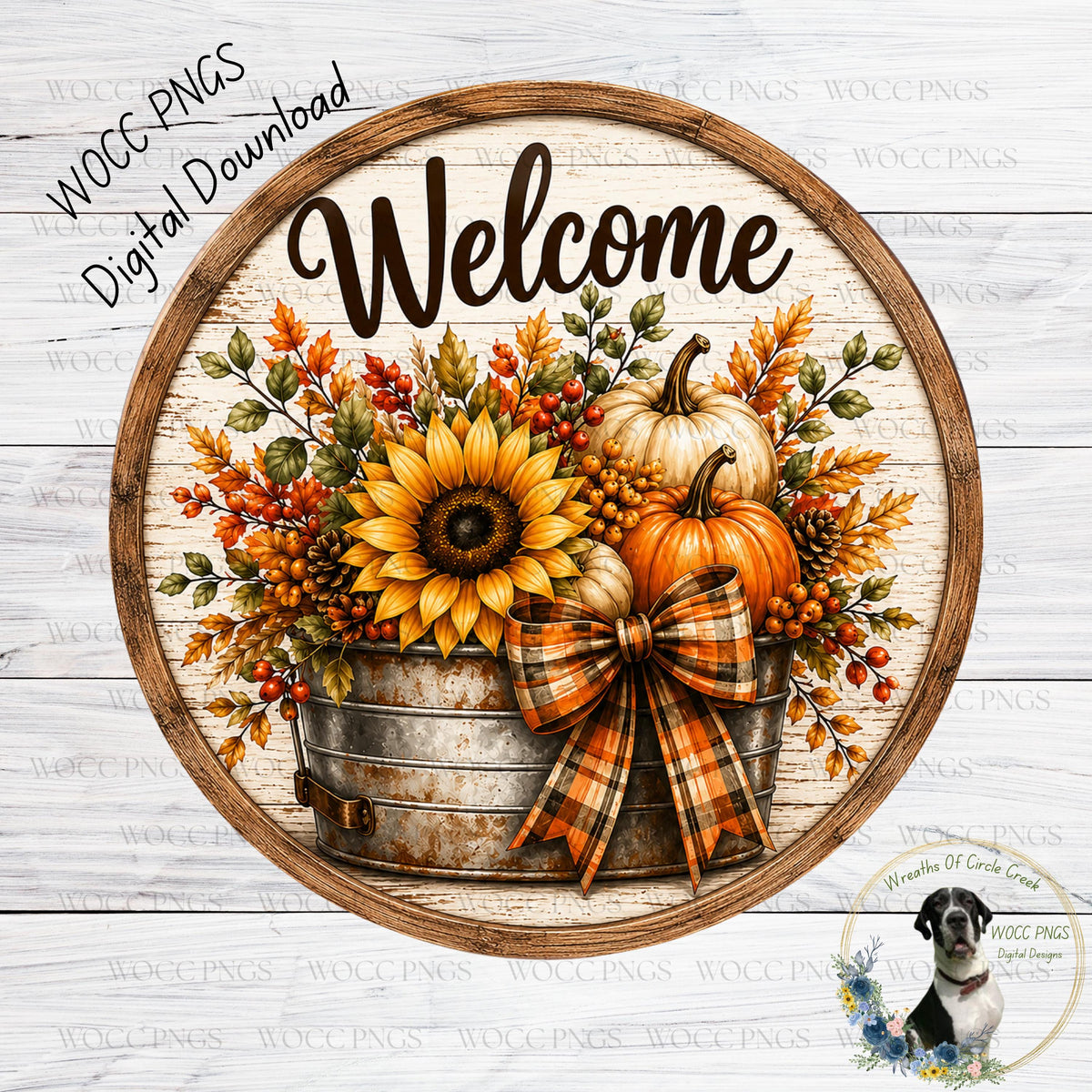 a circular wooden sign with a rustic design, surrounded by autumn foliage and a bow. The sign displays the word "Welcome" in a decorative font, and there is a small dog in the bottom right corner.