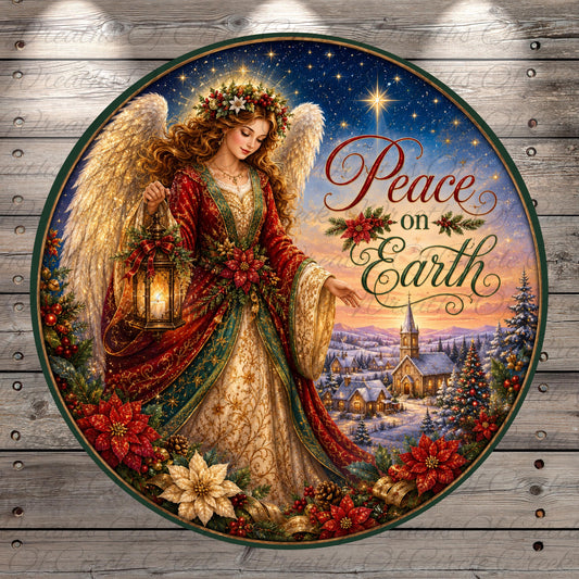 A circular Christmas-themed illustration featuring an angel with wings and a halo, holding a lantern and surrounded by flowers and a snowy landscape.