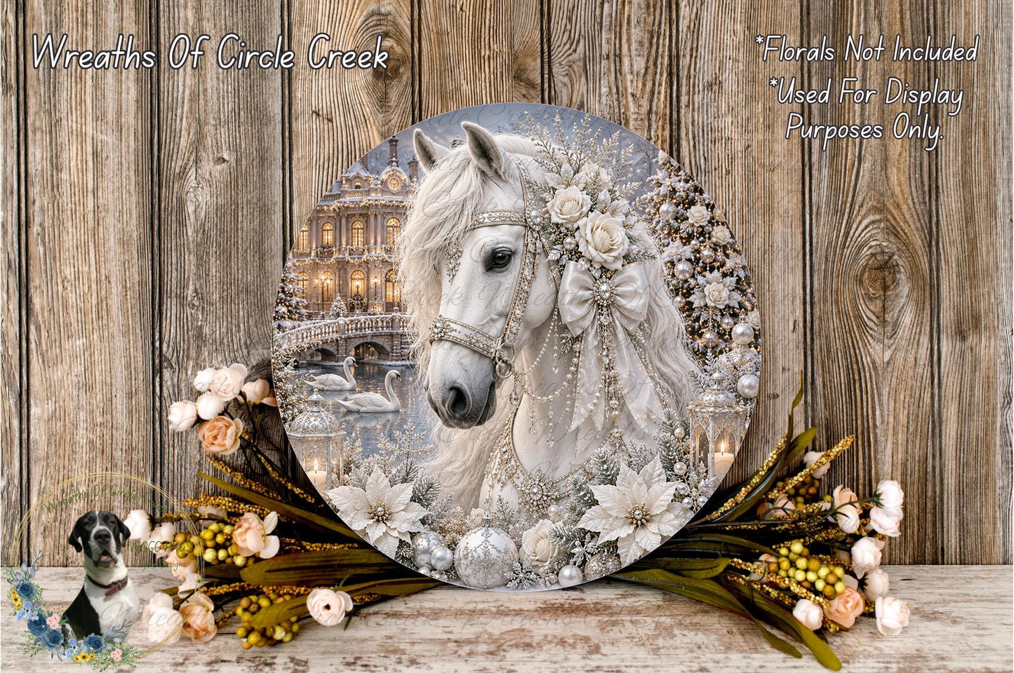 A decorative round plate featuring a white horse adorned with flowers and a bridge in the background, placed on a wooden surface.