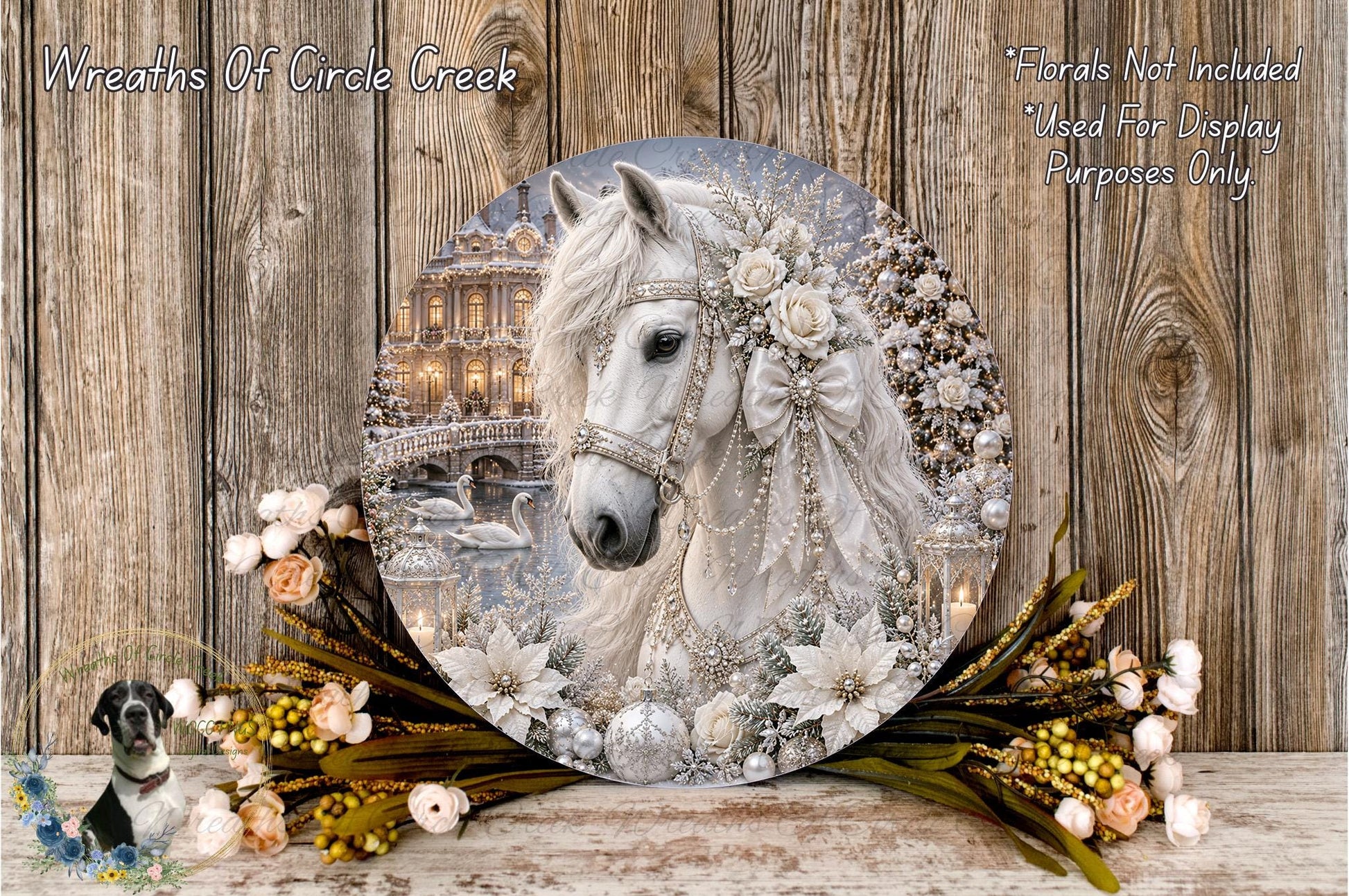 A decorative round plate featuring a white horse adorned with flowers and a bridge in the background, placed on a wooden surface.