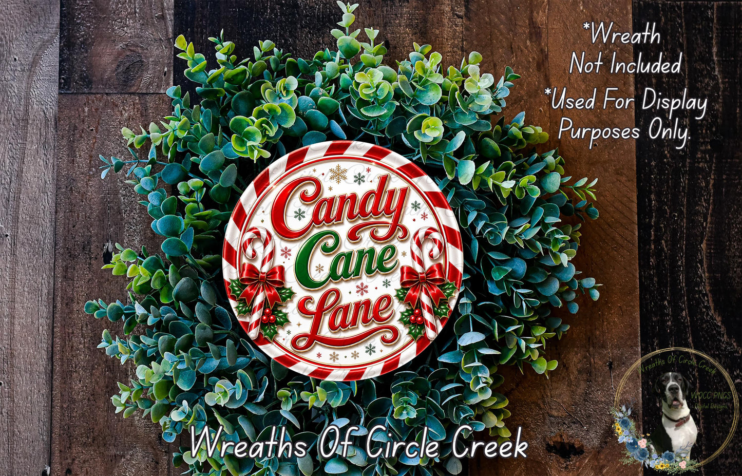 a wreath made of green leaves and red and white candy canes, with the text "Candy Canes Lane" displayed on the wreath.