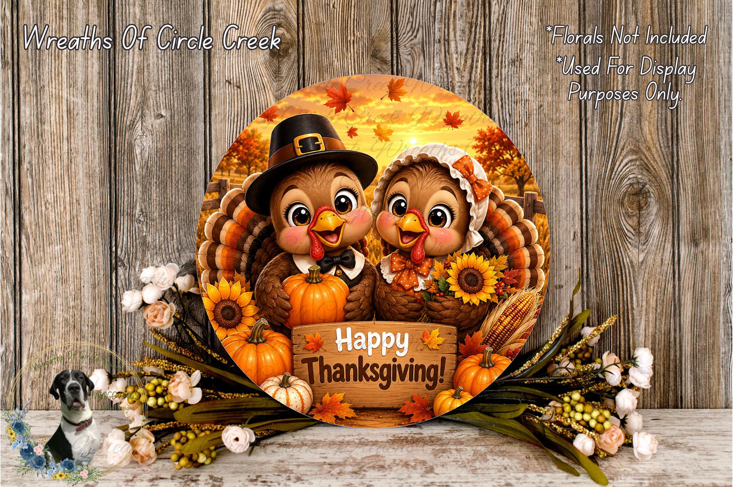 A circular Thanksgiving-themed wreath with two cartoon turkeys, one wearing a top hat and the other a bonnet, surrounded by autumn decorations such as pumpkins, sunflowers, and pine cones. The wreath is set against a wooden background, and there is a sign that reads "Happy Thanksgiving!"